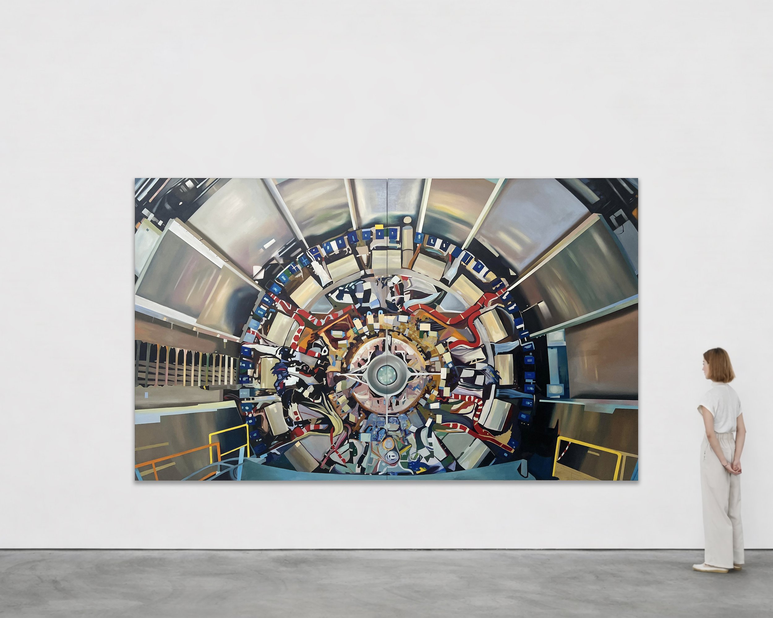 Tan Mu, Large Hadron Collider, 2025, full canvas showing dark ground and luminous traces
