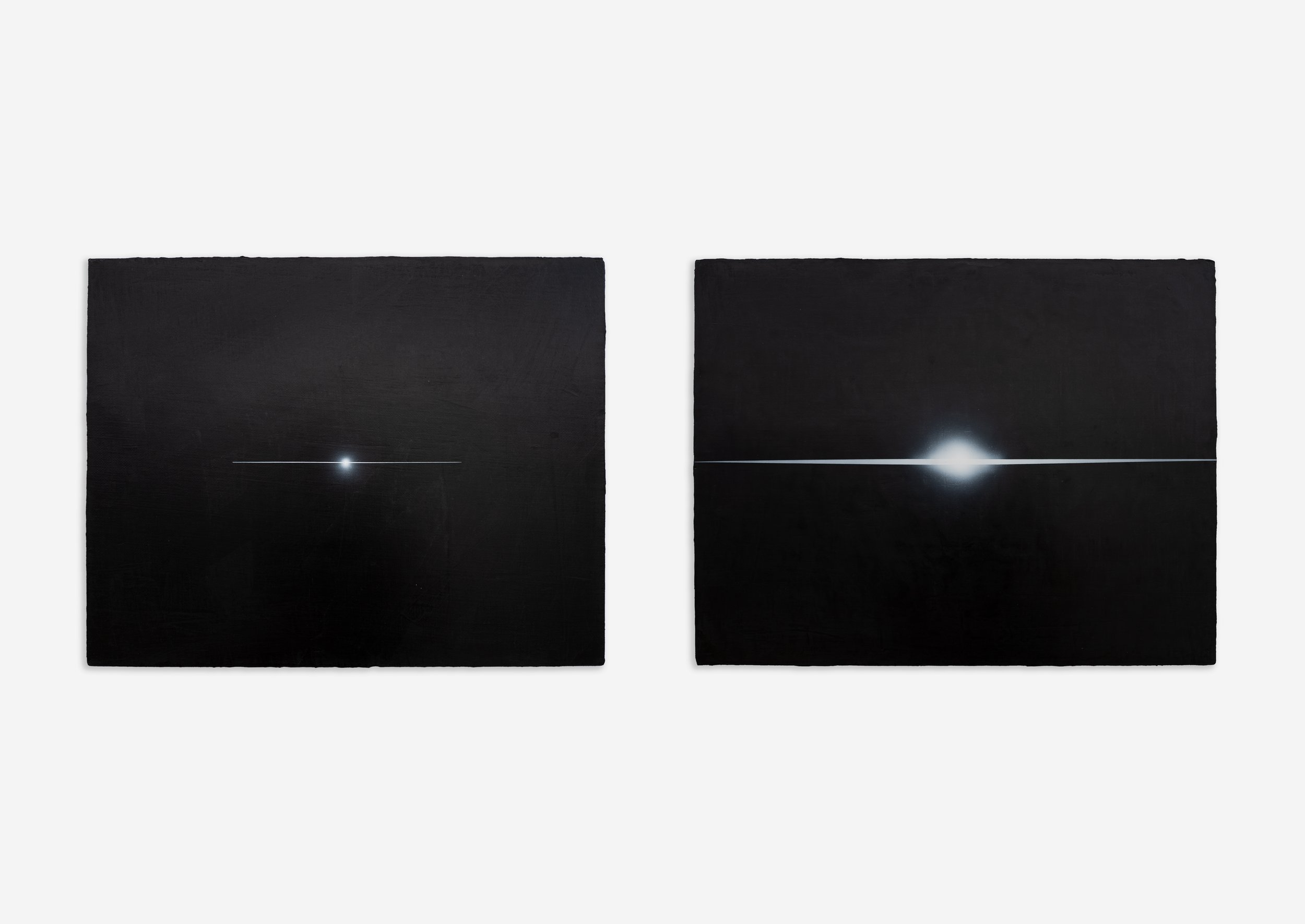 Tan Mu, Off, 2019. Acrylic on linen diptych, each 28 x 36 cm, overall 28 x 72 cm.