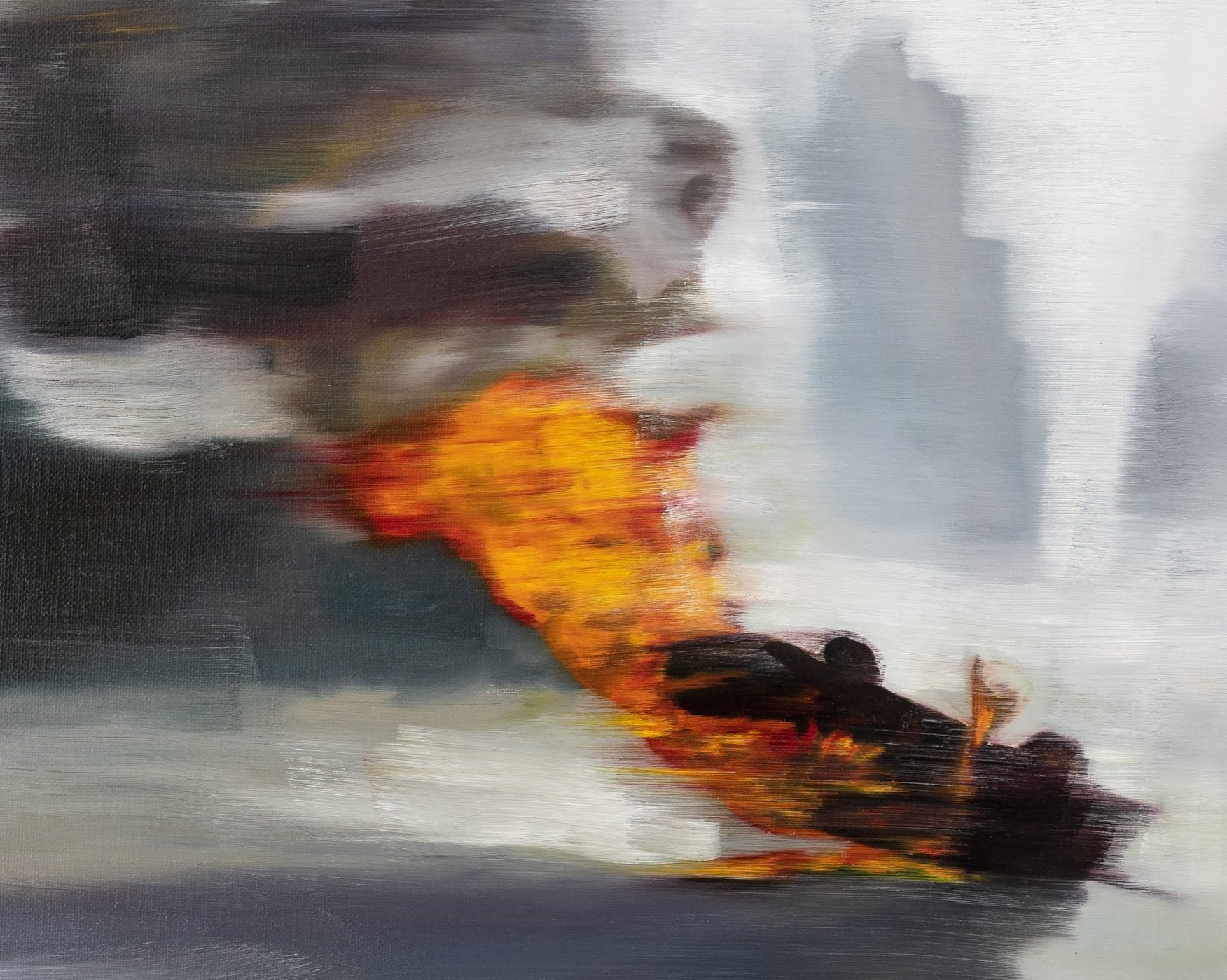 Tan Mu, Philadelphia, 2020, detail showing the overturned car and burning debris.