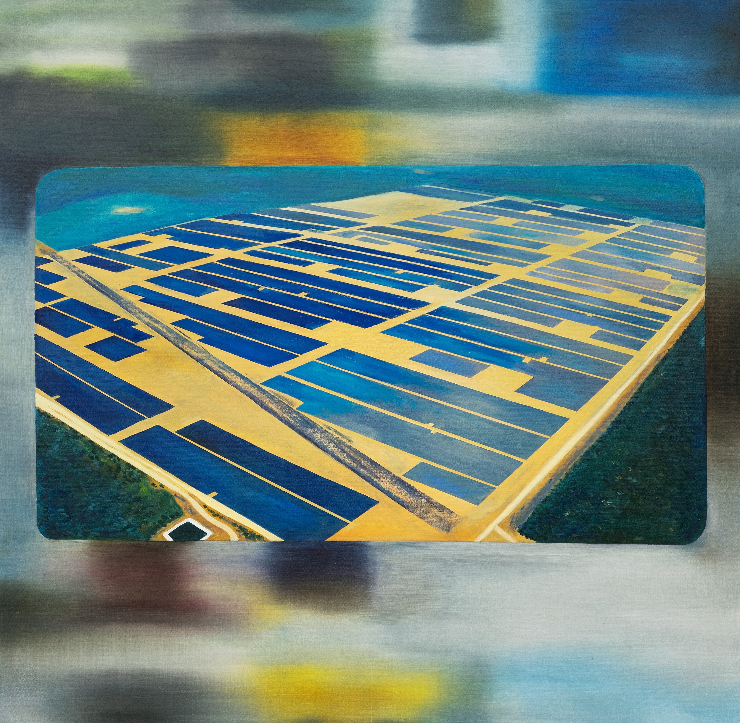 Solar Farm, 2022, detail showing the geometric precision of the solar panel grid with reflective surface shifts