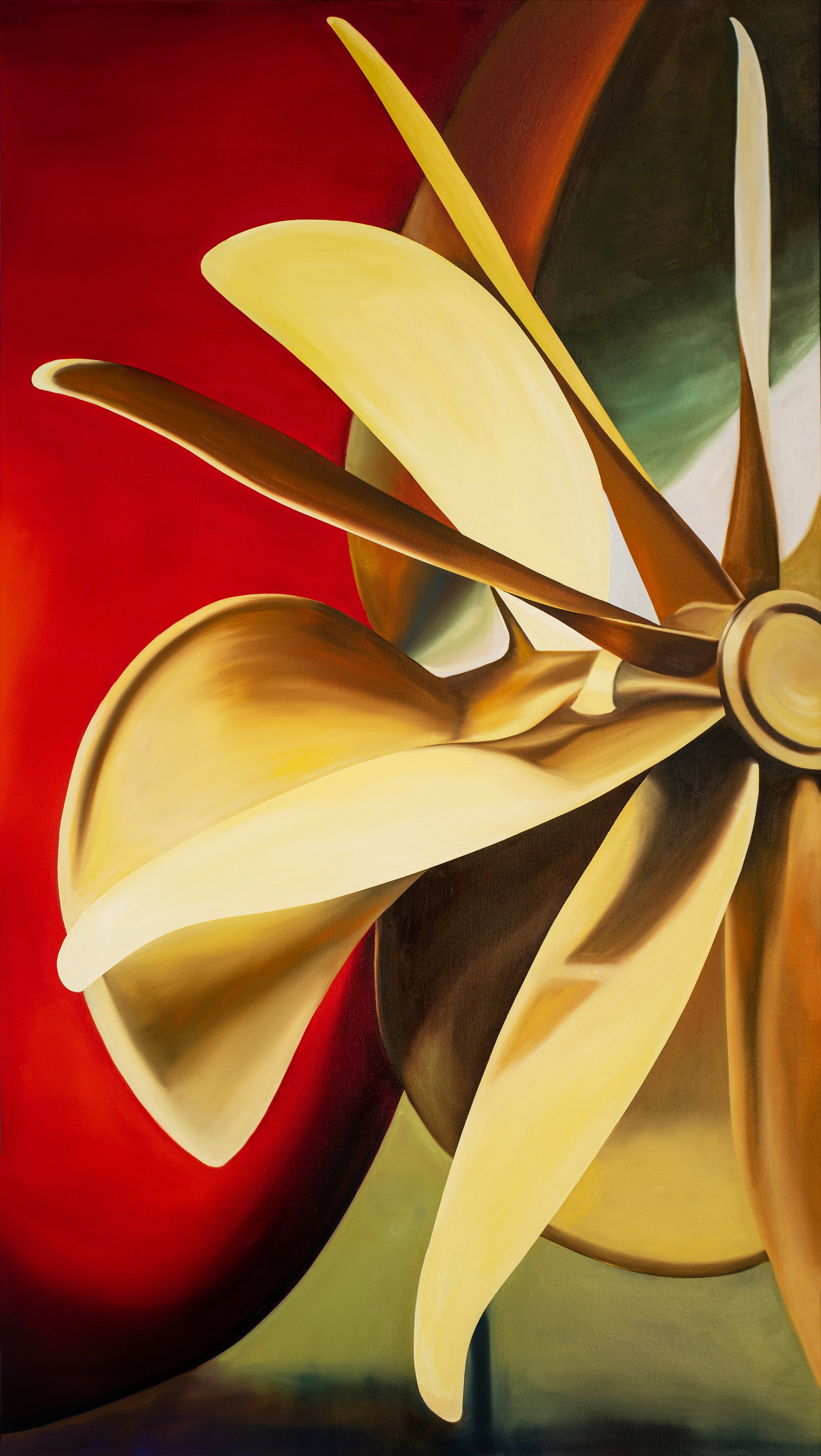 Tan Mu, The Wave 02, 2024. Detail of propeller blades and golden surface.