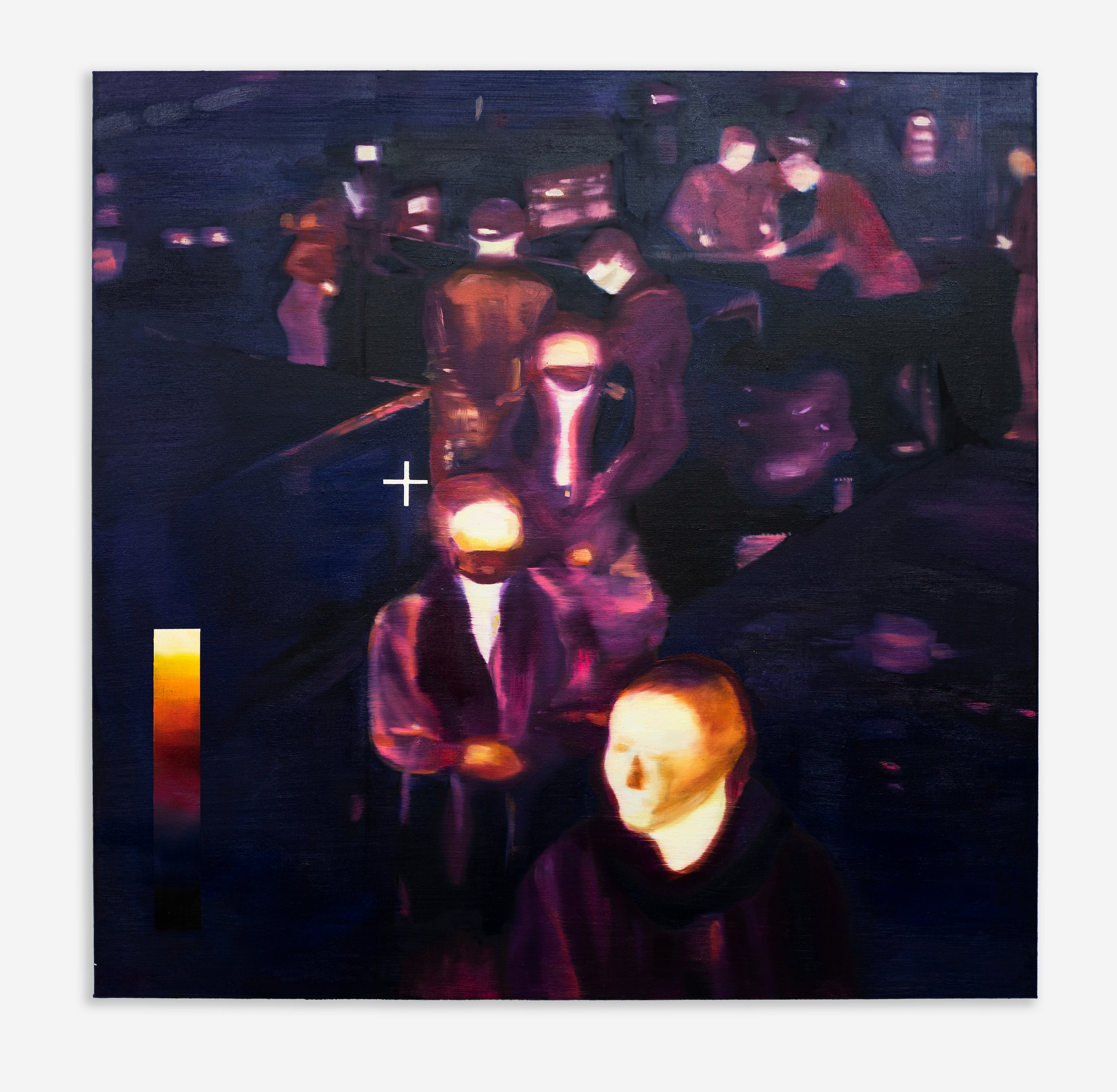 Thermal Imaging, 2022, full view showing two masked figures rendered in thermal colors with a crosshair and temperature scale in the lower corner