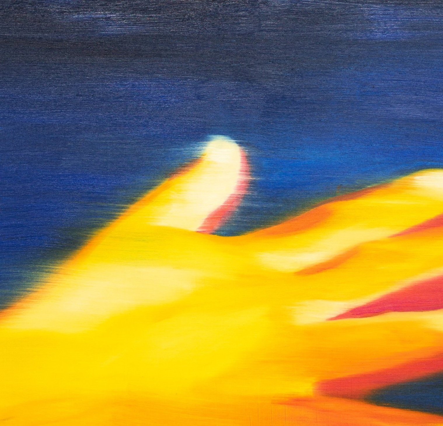 Tan Mu, Touch, 2022, detail showing the warm yellow-orange palm against deep blue background.